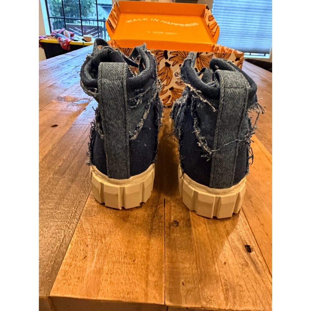 Farm Rio Patchwork Denim High Top Sneakers Blue Distressed Platform Vegan Shoes - Picture 5 of 11